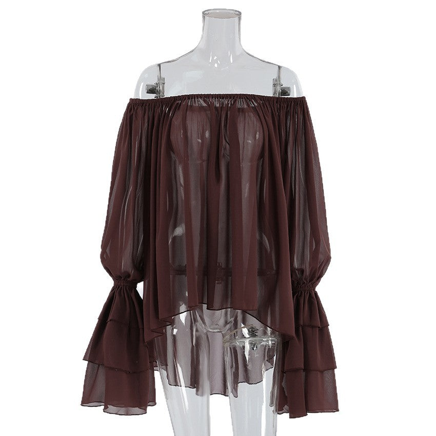 Sexy Dark Brown Off-shoulder Ruffle Top Women's Thin Long Sleeve Chiffon Shirt
