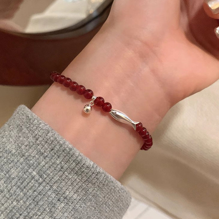 S925 Sterling Silver Red Agate Small Fish Apatite Bracelet For Women
