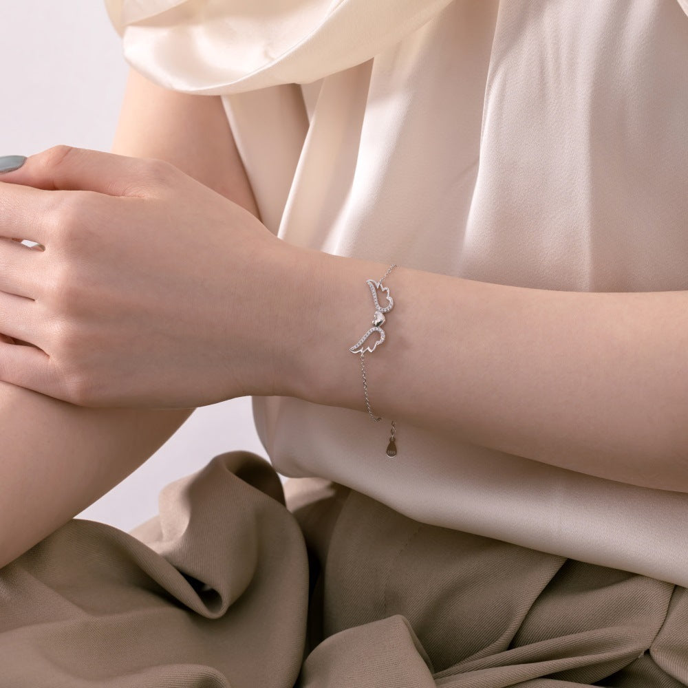 Sterling Silver Bracelet Female With Hearts Wings Zircon Inlaid