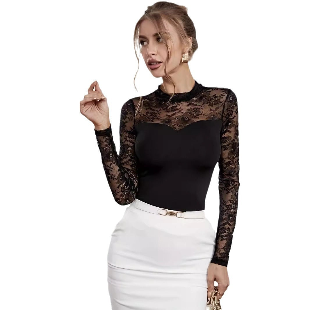 Elegant Lace Stitching Long-sleeved Small Stand Collar Slim T-shirt