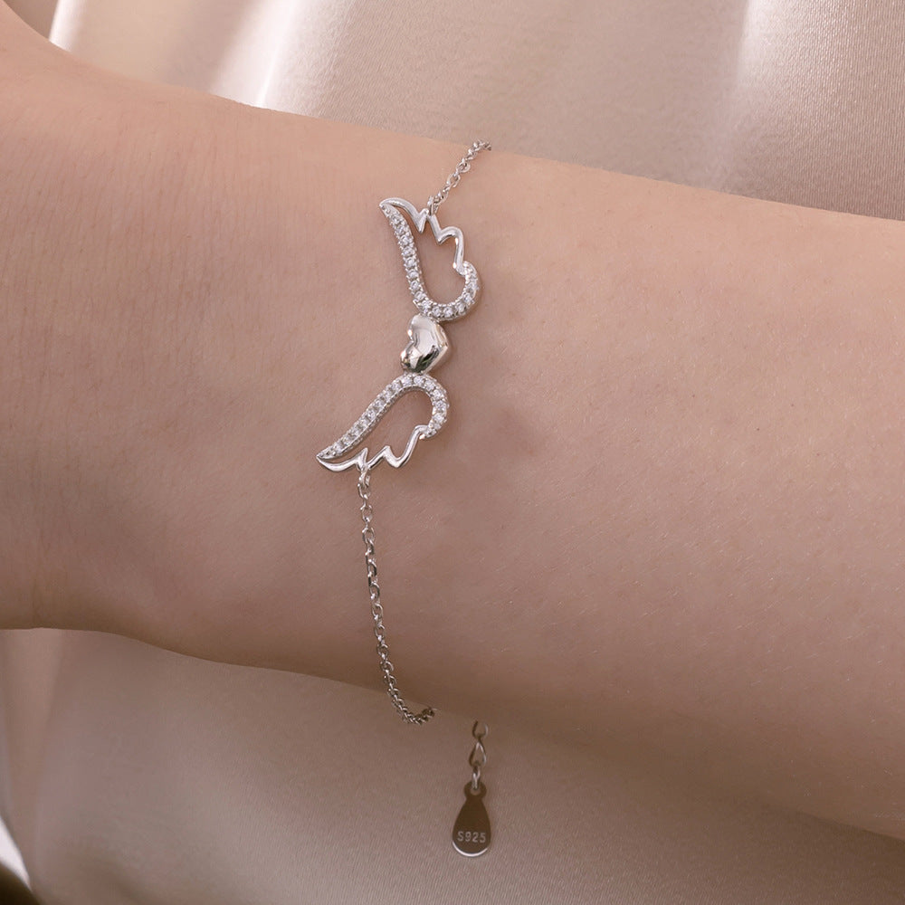 Sterling Silver Bracelet Female With Hearts Wings Zircon Inlaid