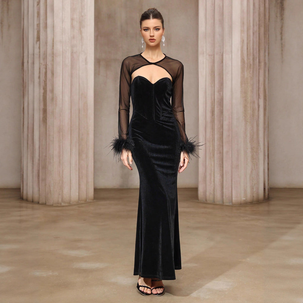 Semi-transparent Mesh Top Velvet Tube Top Dress Two-piece Set