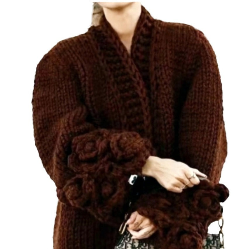 Long Sleeve Sweater Fashion Flower Sleeve Coarse Woven Knitted Cardigan