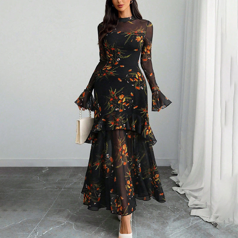 Women's Floral Print Maxi Dress, Sheer Mesh Flare Sleeve With Tiered Ruffle, Romantic Boho Casual Long Dress