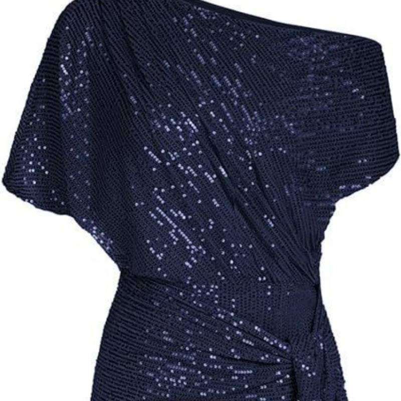 Women's Brimmed Shiny Party Dress One Shoulder Pleated