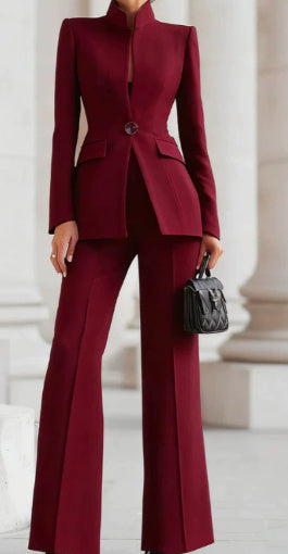 Long Sleeve Solid Color Pocket One Button Small Suit Two-piece Pants