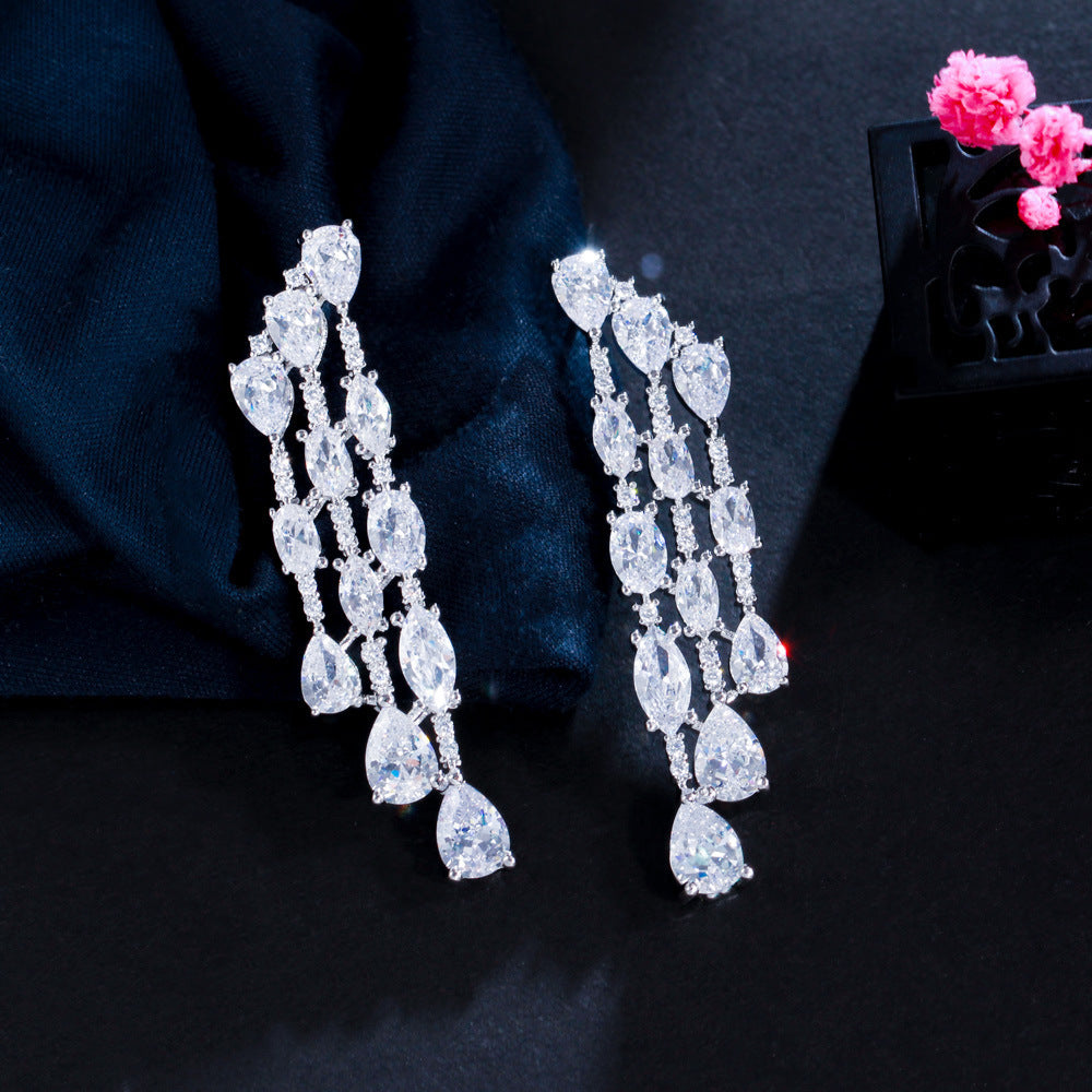 925 Sterling Silver Needle Temperament Personality With Zirconia Full Drill Teardrop-shaped Earrings