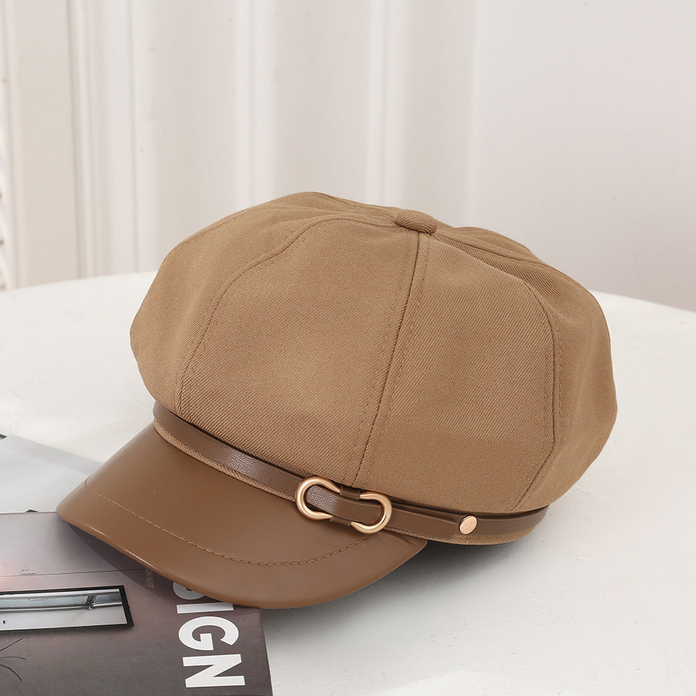 Casual Face-showing Small Peak Cap Octagonal Cap Leather Brim Hat With Buckle