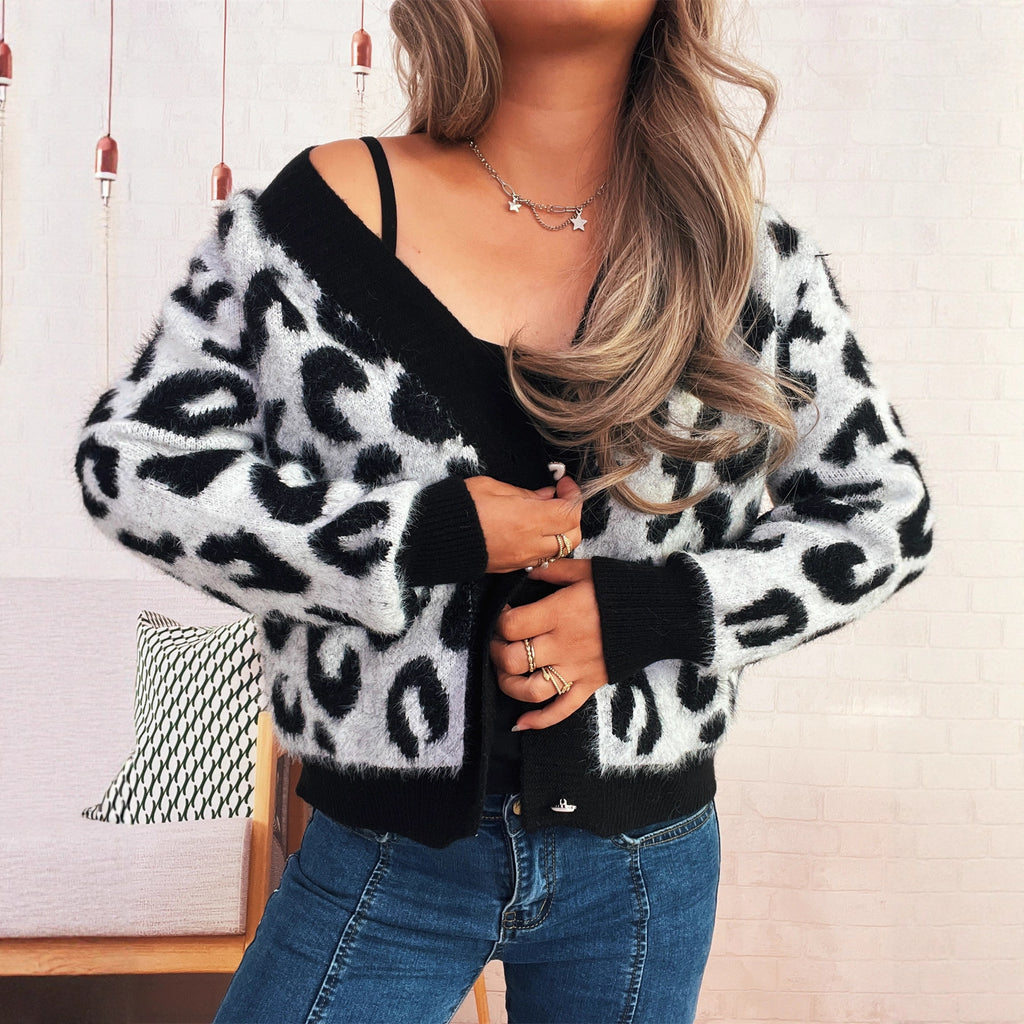 Thick Leopard Print Sexy V-neck Short Single-breasted Sweater