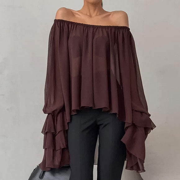 Sexy Dark Brown Off-shoulder Ruffle Top Women's Thin Long Sleeve Chiffon Shirt