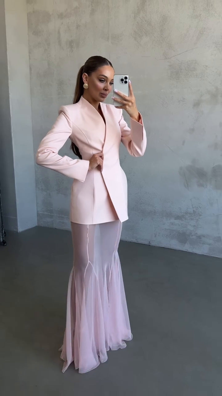 Cross-border Foreign Trade Design Sense Temperament Commute Pure Color Mesh Suit