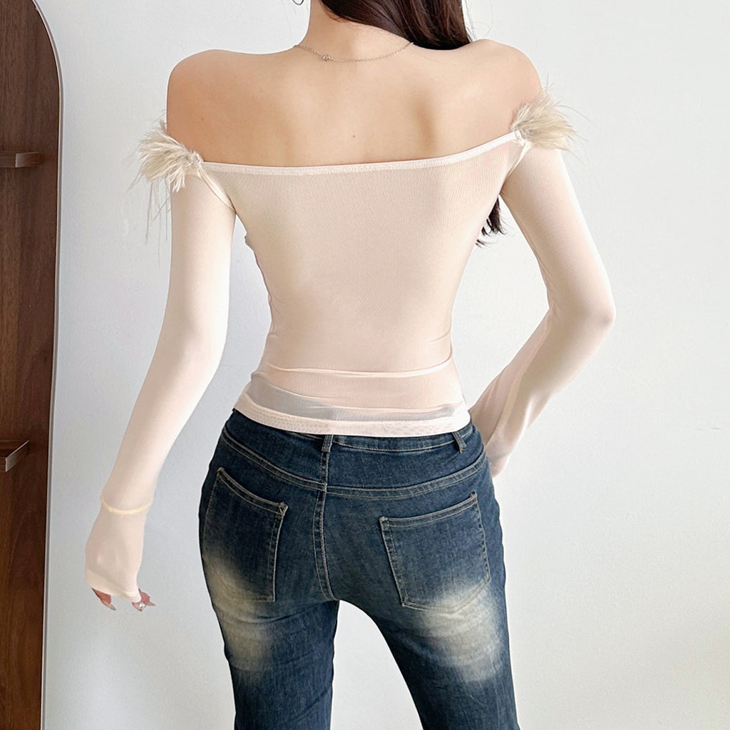 Fashion Off-neck Stitching Edging Long Sleeve Women