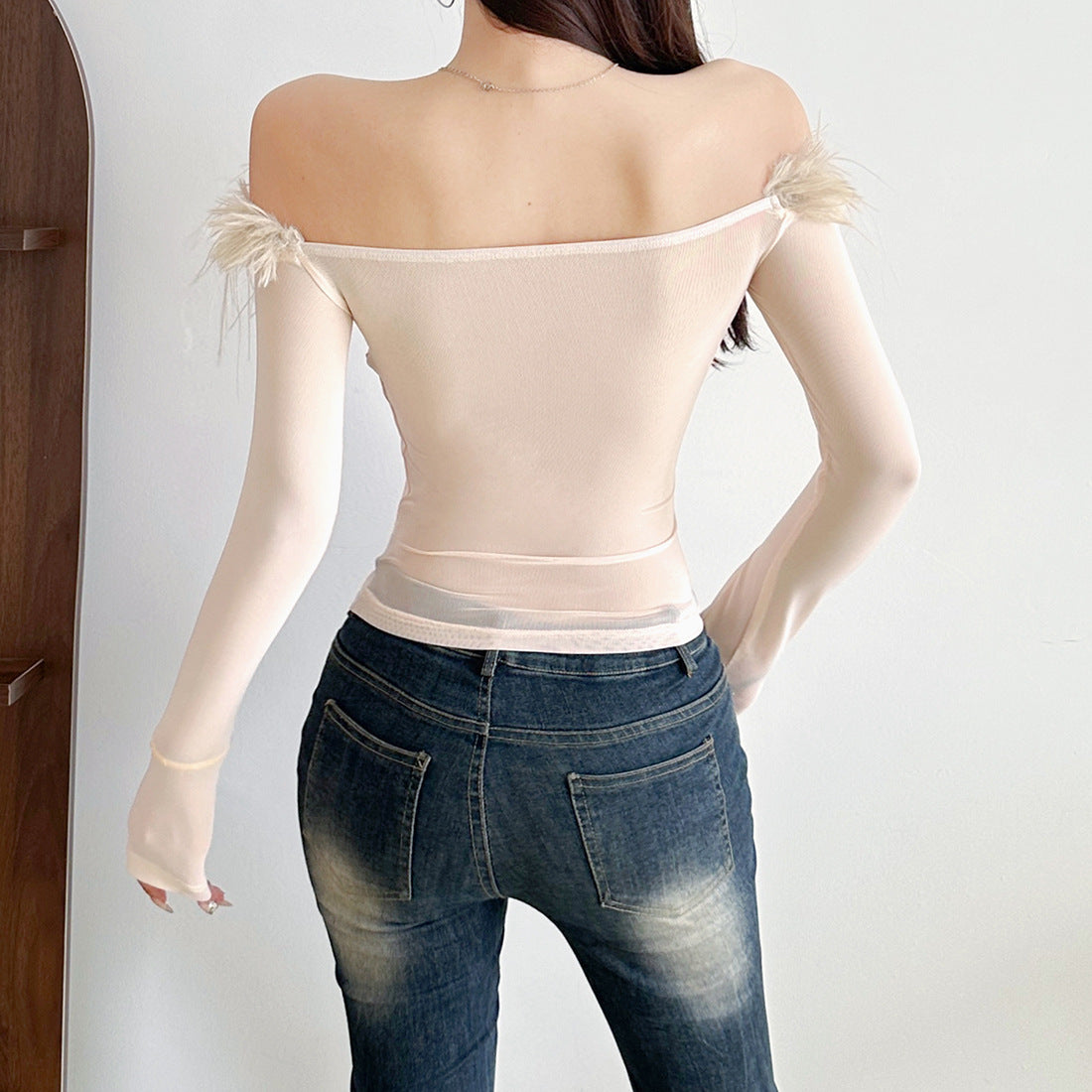 Fashion Off-neck Stitching Edging Long Sleeve Women