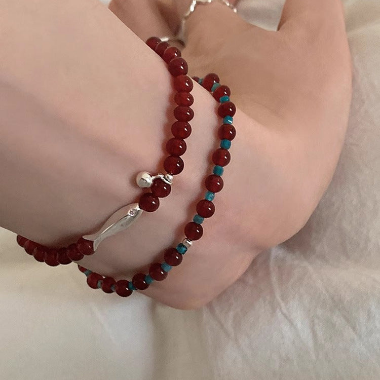 S925 Sterling Silver Red Agate Small Fish Apatite Bracelet For Women