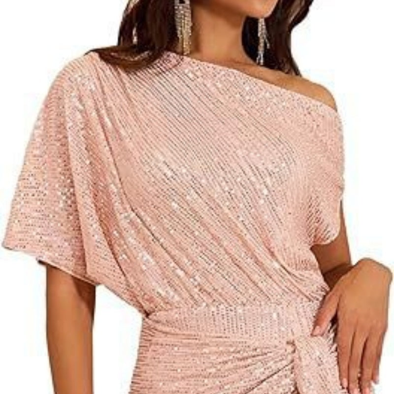 Women's Brimmed Shiny Party Dress One Shoulder Pleated