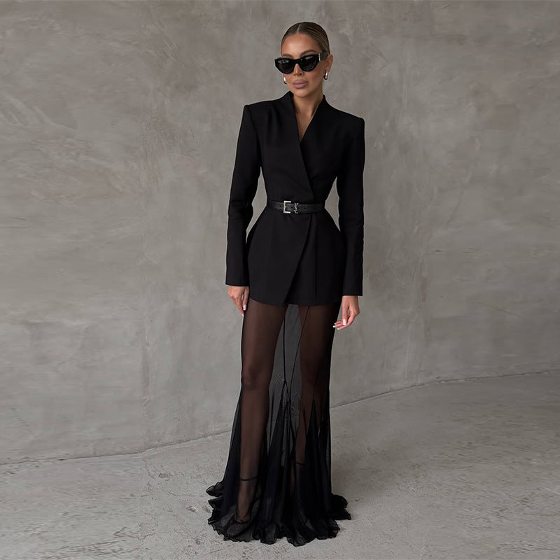 Cross-border Foreign Trade Design Sense Temperament Commute Pure Color Mesh Suit