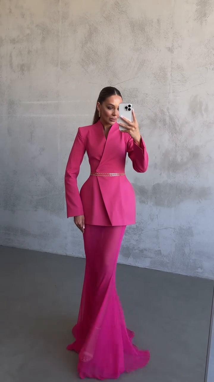 Cross-border Foreign Trade Design Sense Temperament Commute Pure Color Mesh Suit