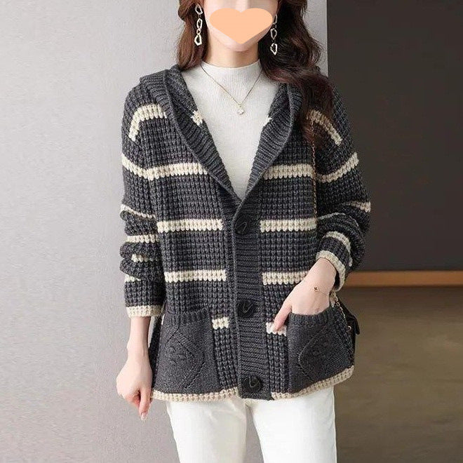 Retro Striped Hooded Cropped Sweater Coat