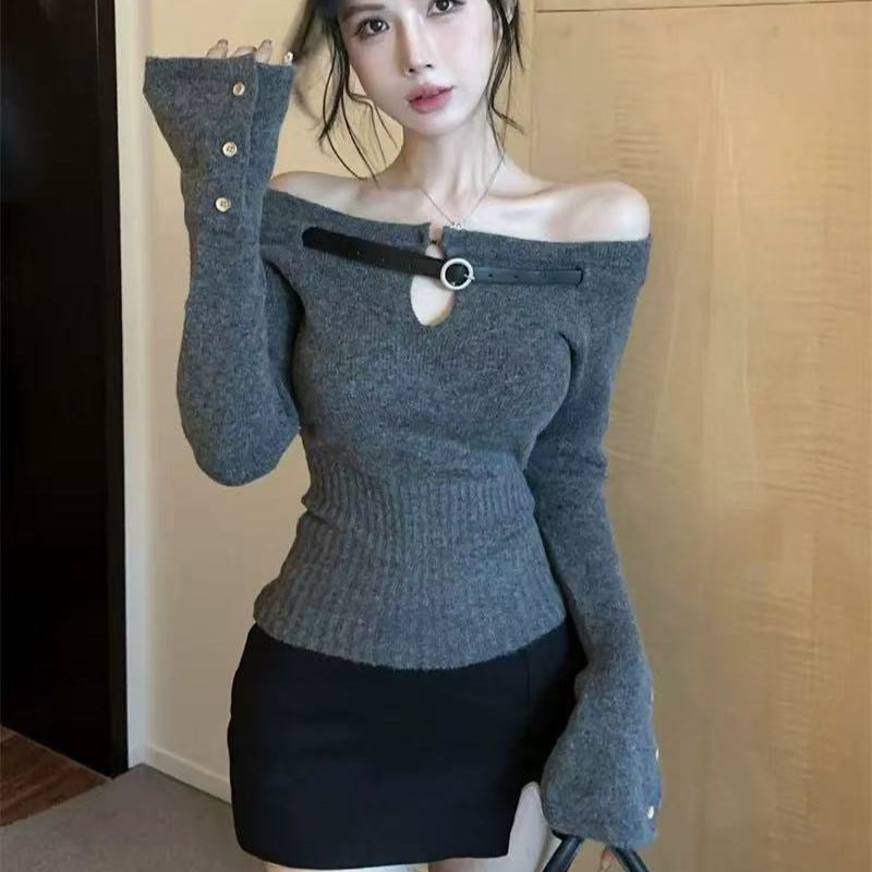 Women's Sweater Belt Off-shoulder Short Long Sleeve Top
