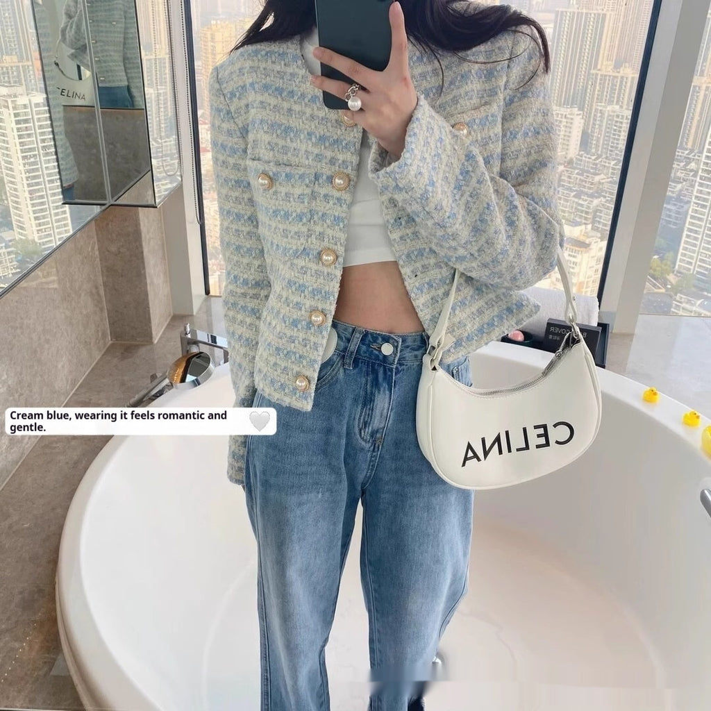 Gentle Milk Blue Pearl Buckle Classic Style Woolen Coat Female