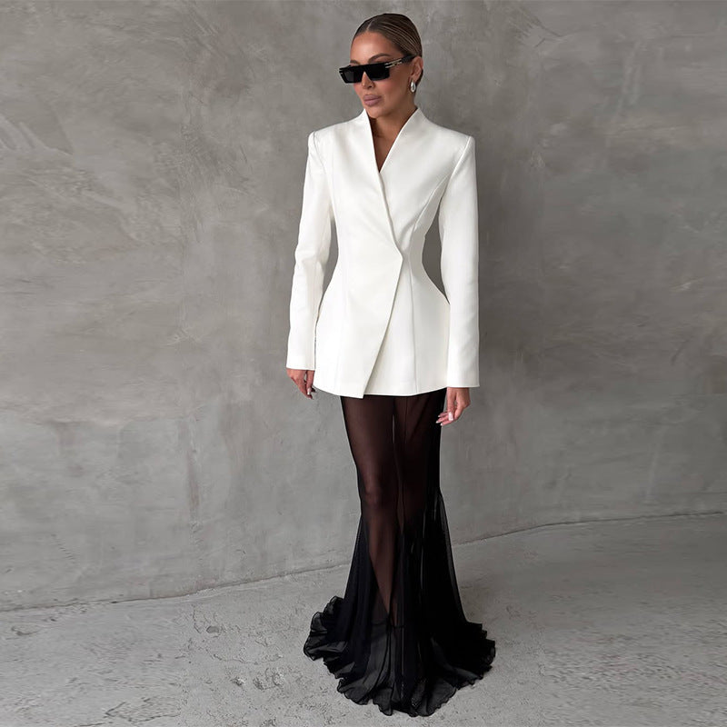 Cross-border Foreign Trade Design Sense Temperament Commute Pure Color Mesh Suit