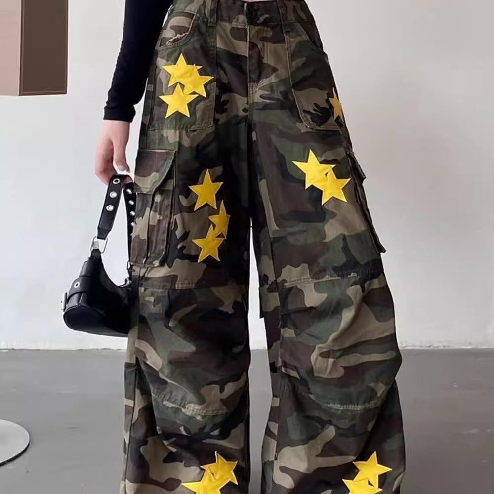 Retro Camouflage Workwear Jeans Women's Wide Leg Mop Pants