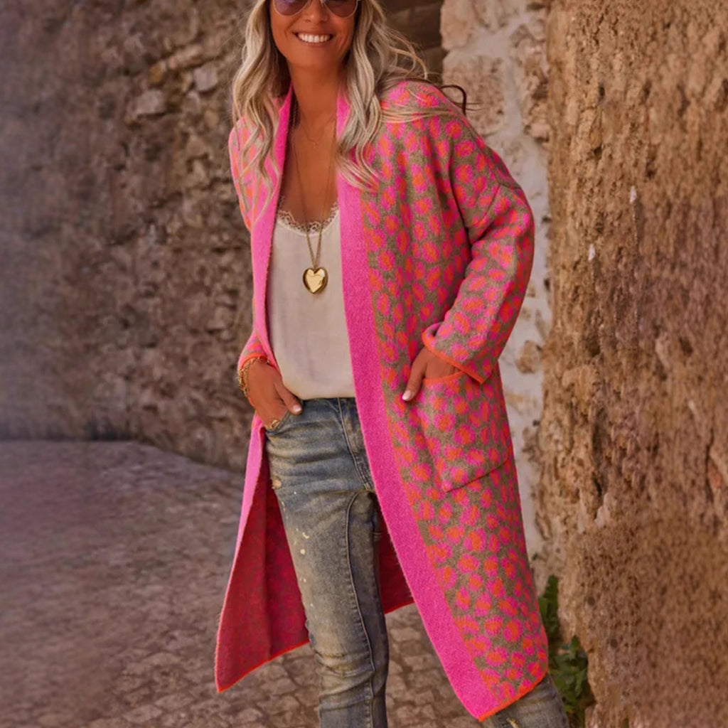 Contrast Color Leopard Print Long Knitwear Fashion Retro Pocket Sweater Women's Coat