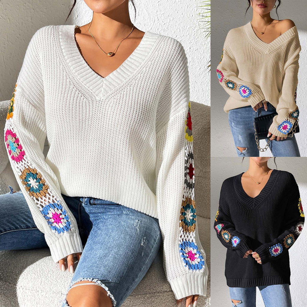Autumn And Winter Crochet Stitching V-neck Pullover Sweater