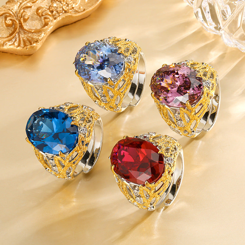 Copper Bottom Gold-plated Simulated Blue Spinel Egg-shaped Hollow Ring Main Stone