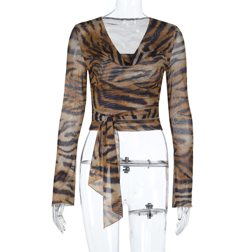 Sexy Deep V-neck Leopard Print Printed Long-sleeved Top