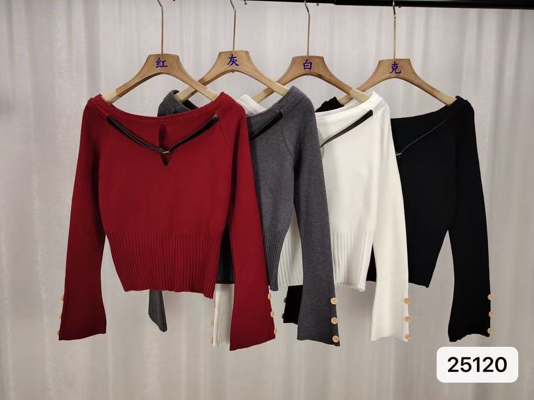 Women's Sweater Belt Off-shoulder Short Long Sleeve Top