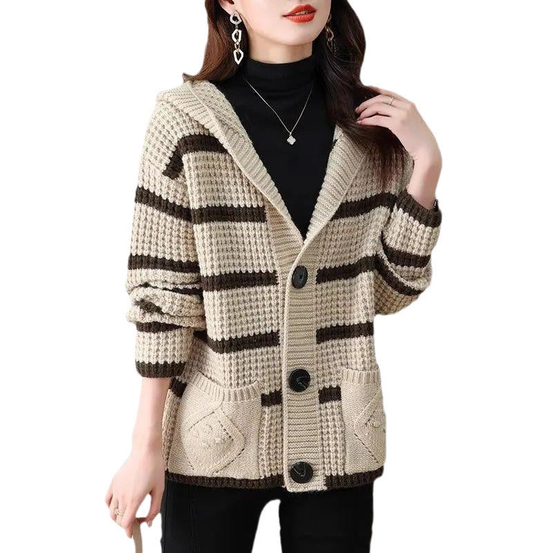 Retro Striped Hooded Cropped Sweater Coat