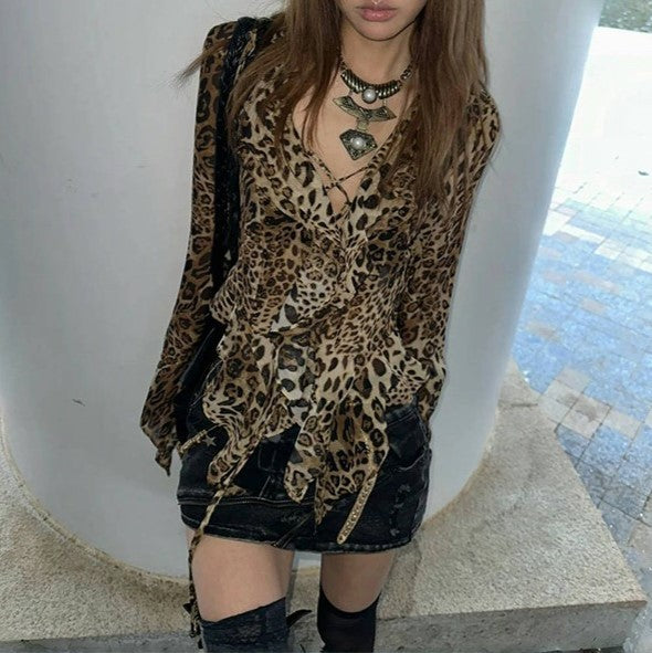 Retro Street Babe Top Leopard Print V-neck Long Sleeve