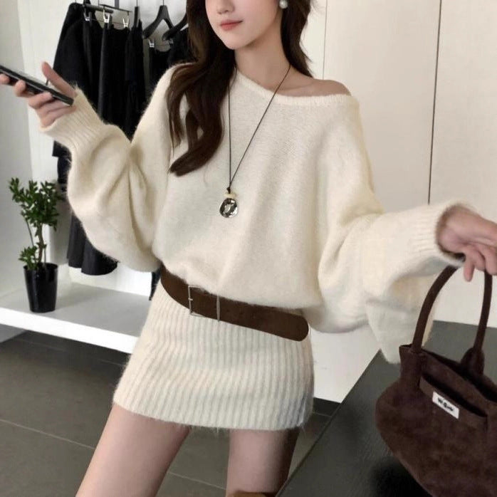 Off-shoulder Loose-fitting Women's Sweater Skirt Casual Knitted Top