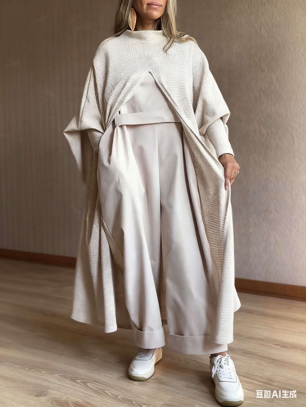 Beige Knit Hooded Duster Top