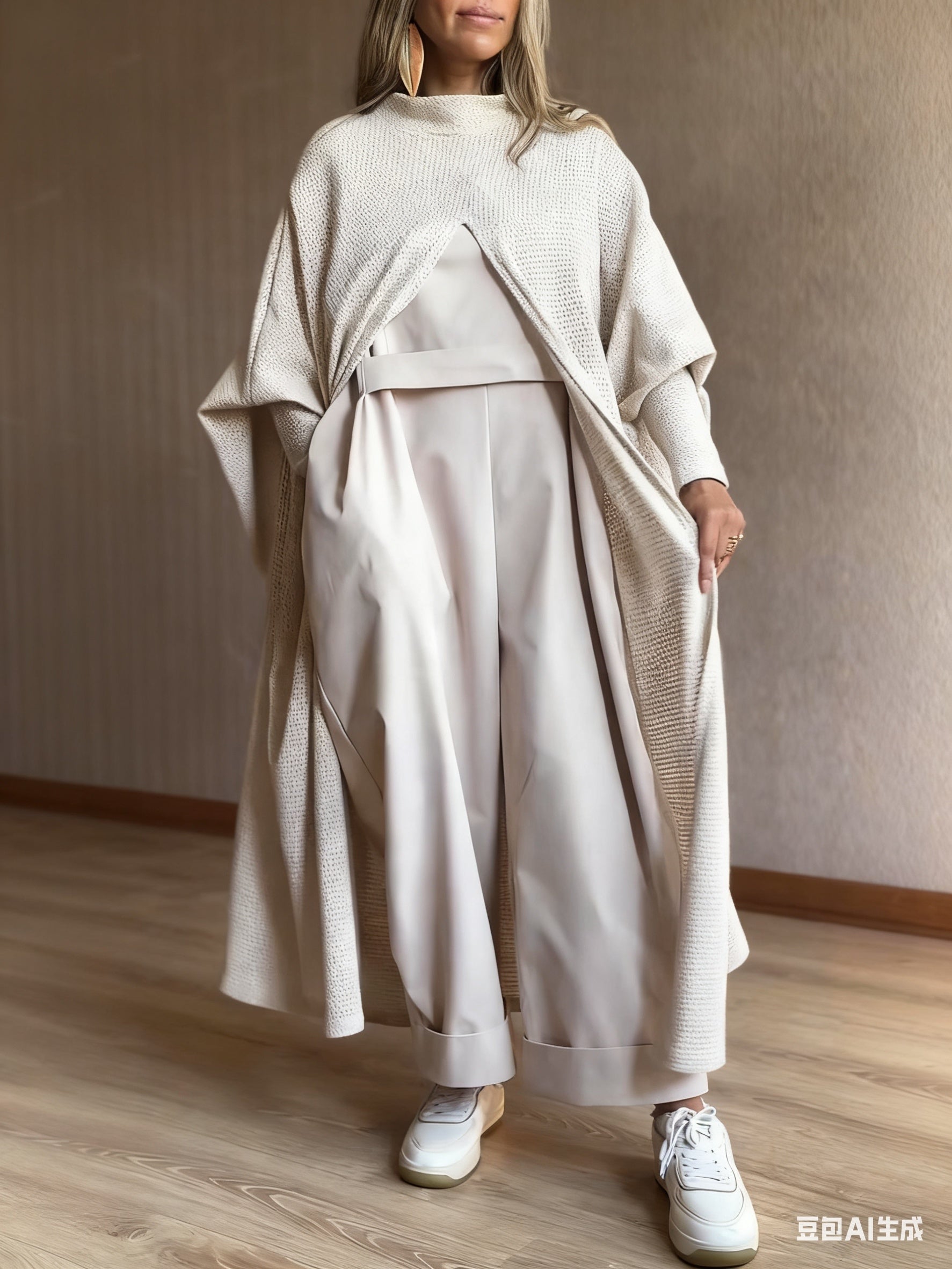 Beige Knit Hooded Duster Top