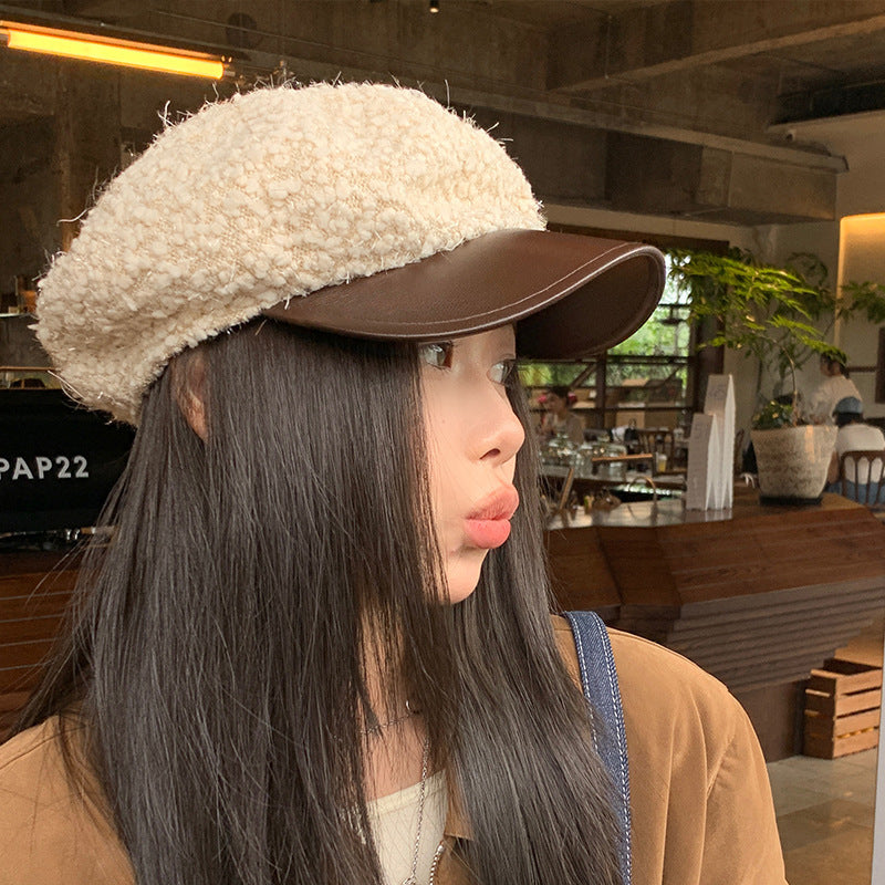 Korean PU Leather Brim Beret Autumn And Winter