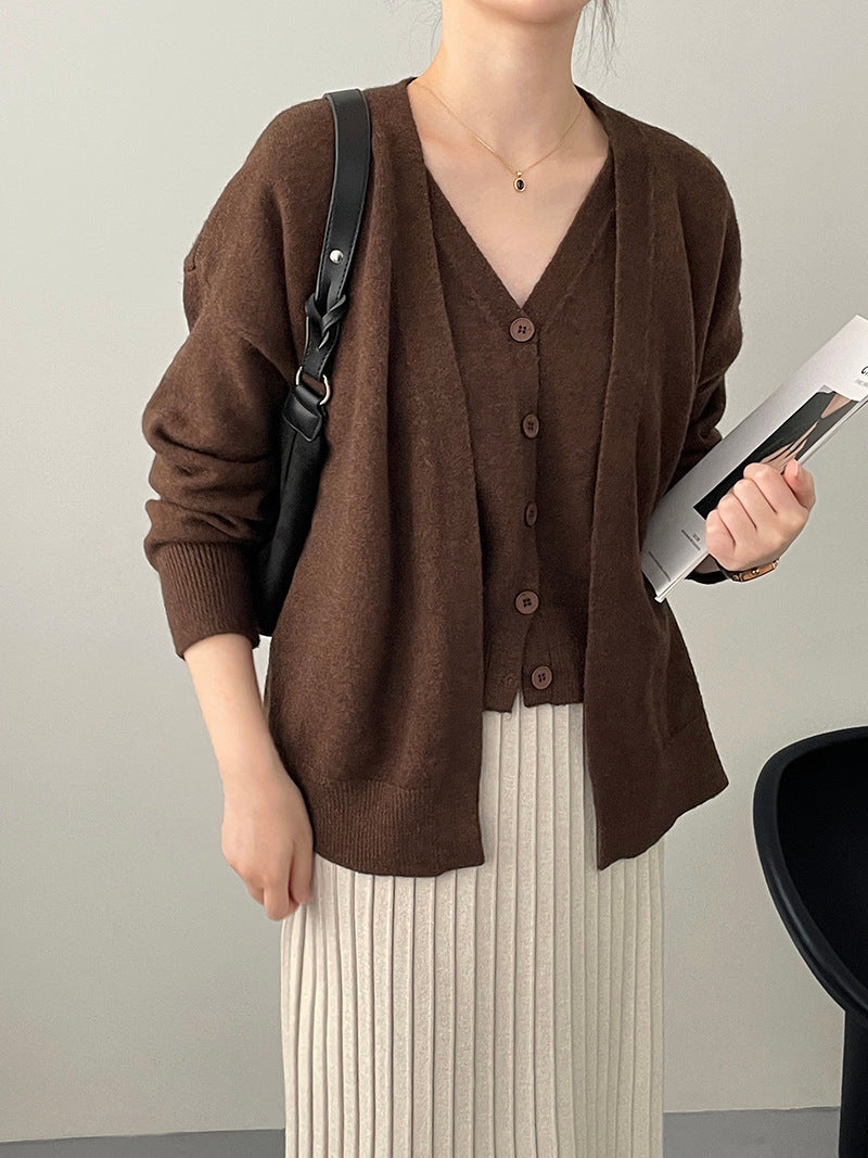 Simple V-neck Single Breasted Vest Knitted Cardigan Two-piece Short Sweater Suit For Women