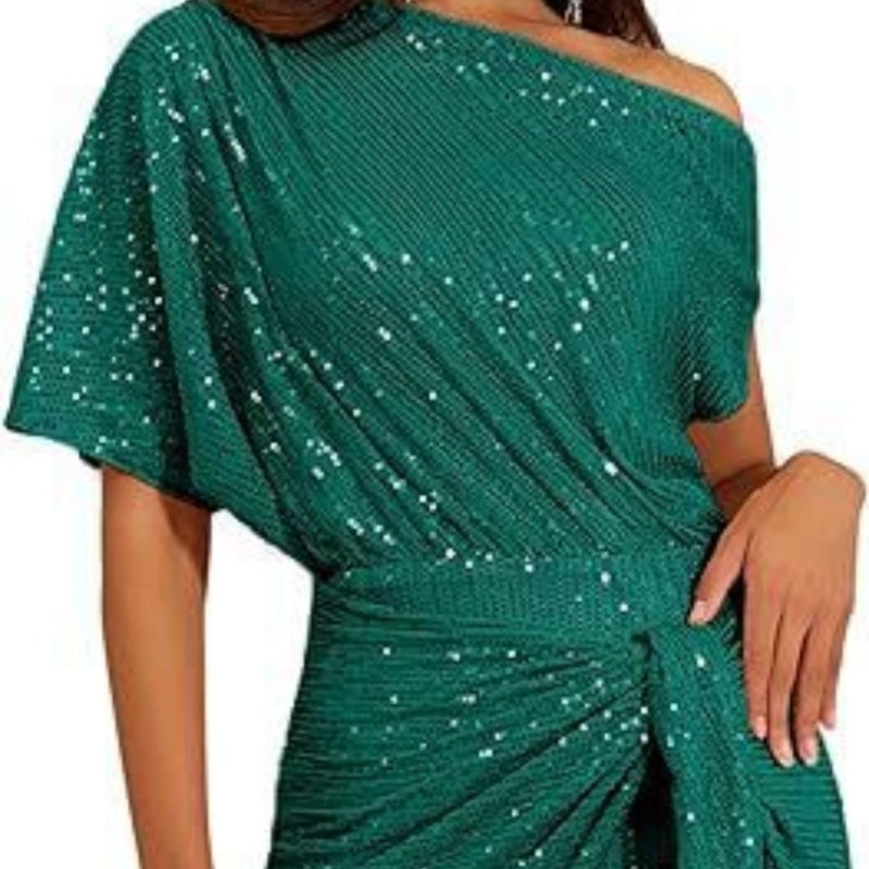 Women's Brimmed Shiny Party Dress One Shoulder Pleated