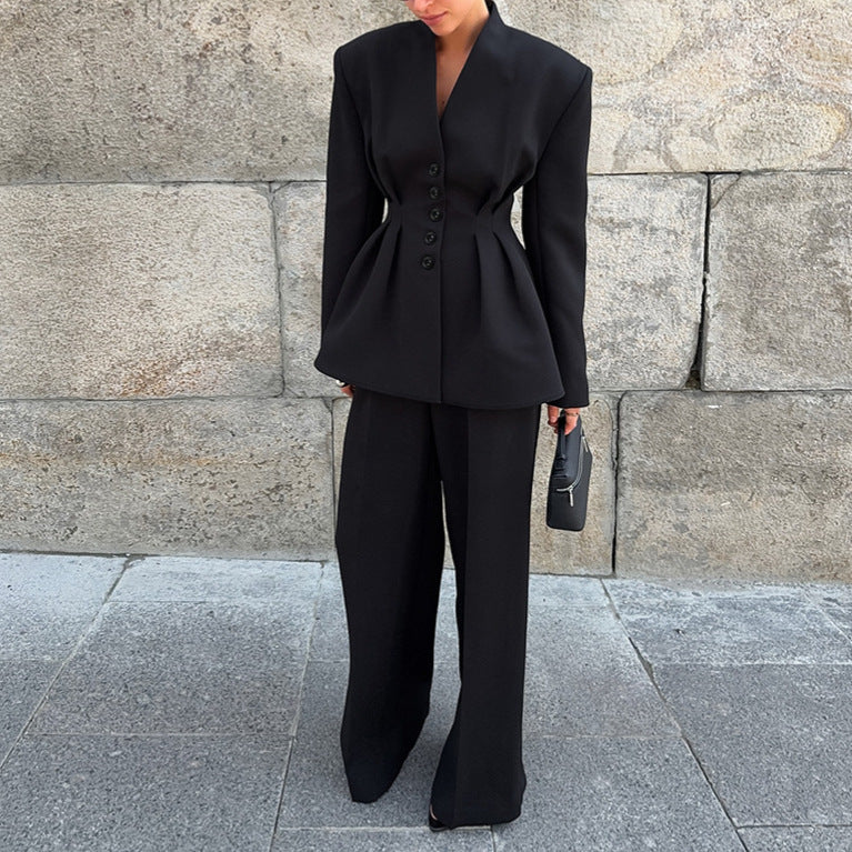 Black Long Sleeve V-neck Pleated Waist Tight Suit Jacket Trousers Two-piece Set