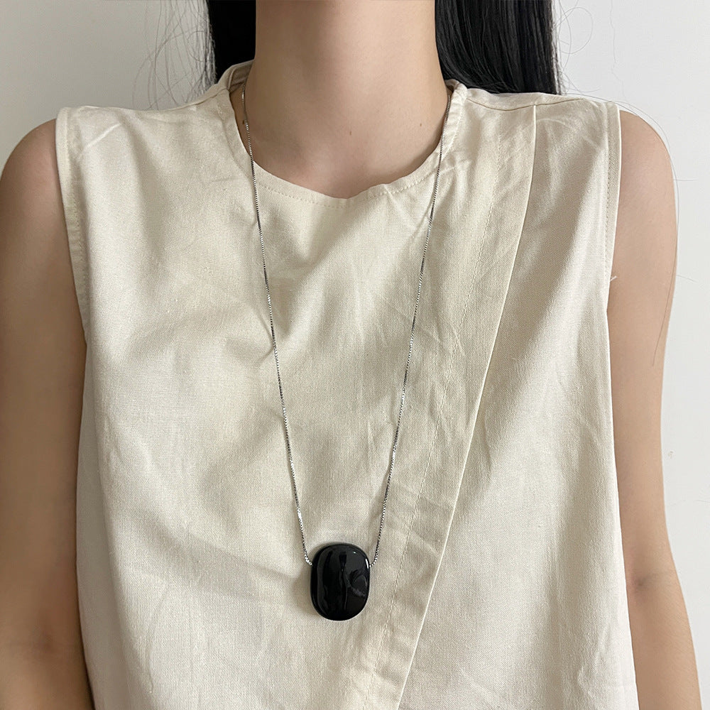 Square Tigereye Pendant Necklace Long Obsidian Sweater Chain Personalized All-matching Accessories