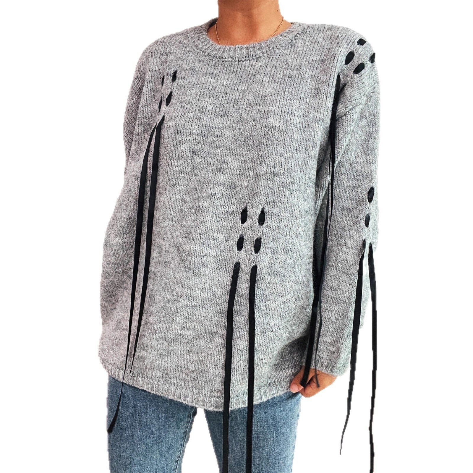 Handmade Lace-up Knitted Round Neck Long Sleeve Loose Sweater