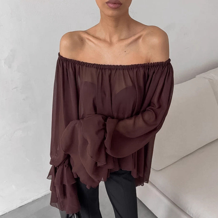 Sexy Dark Brown Off-shoulder Ruffle Top Women's Thin Long Sleeve Chiffon Shirt