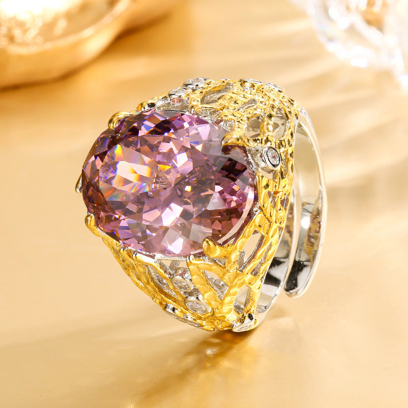 Copper Bottom Gold-plated Simulated Blue Spinel Egg-shaped Hollow Ring Main Stone