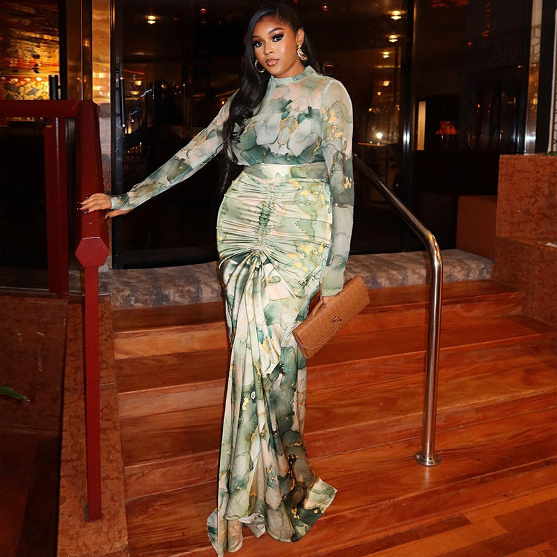 Printed Waist-wrapped Slim Fit Skirt Pleated Dress High Collar Two-piece Set