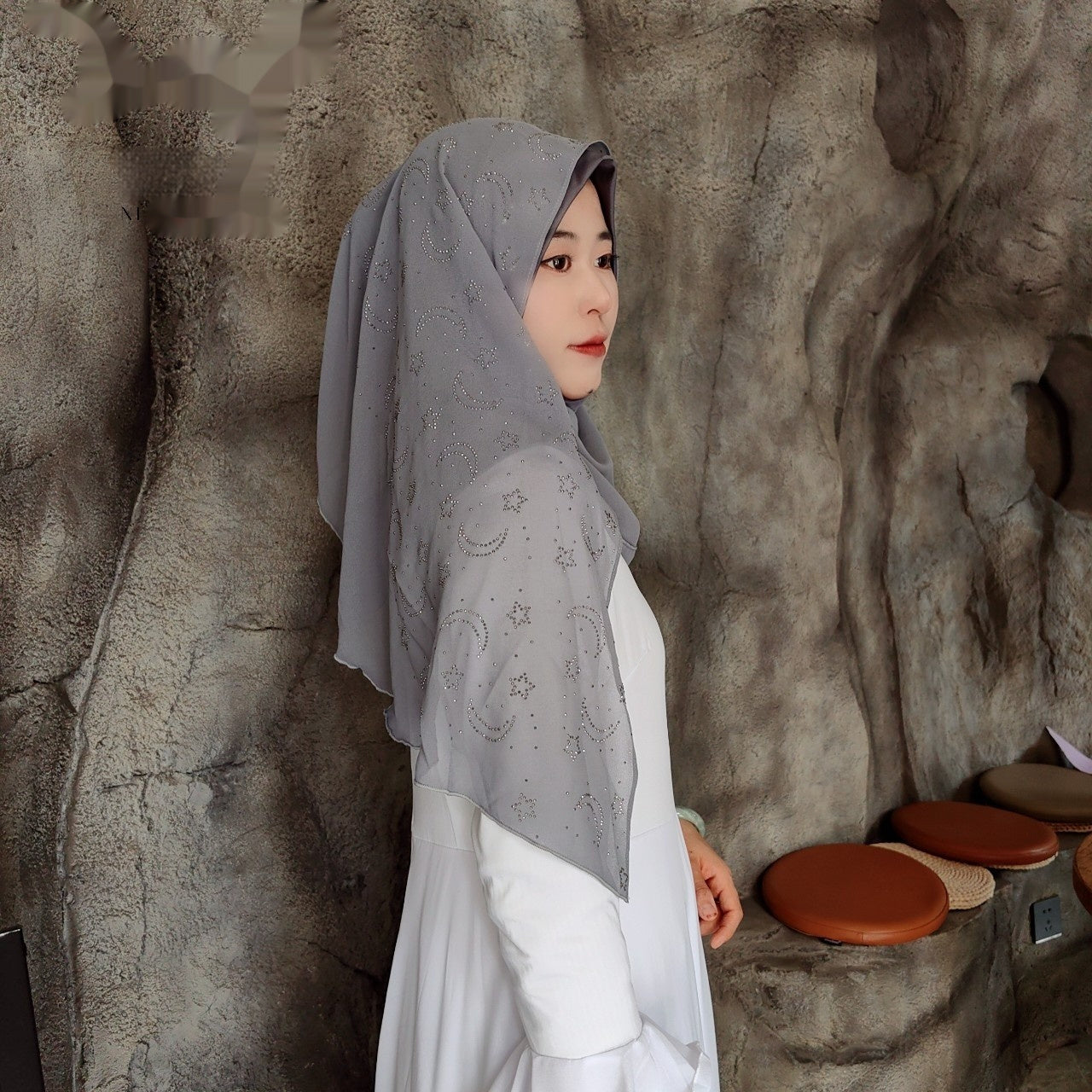 Xingyue Rhinestone Chiffon Stitching Turban Wrap Scarf