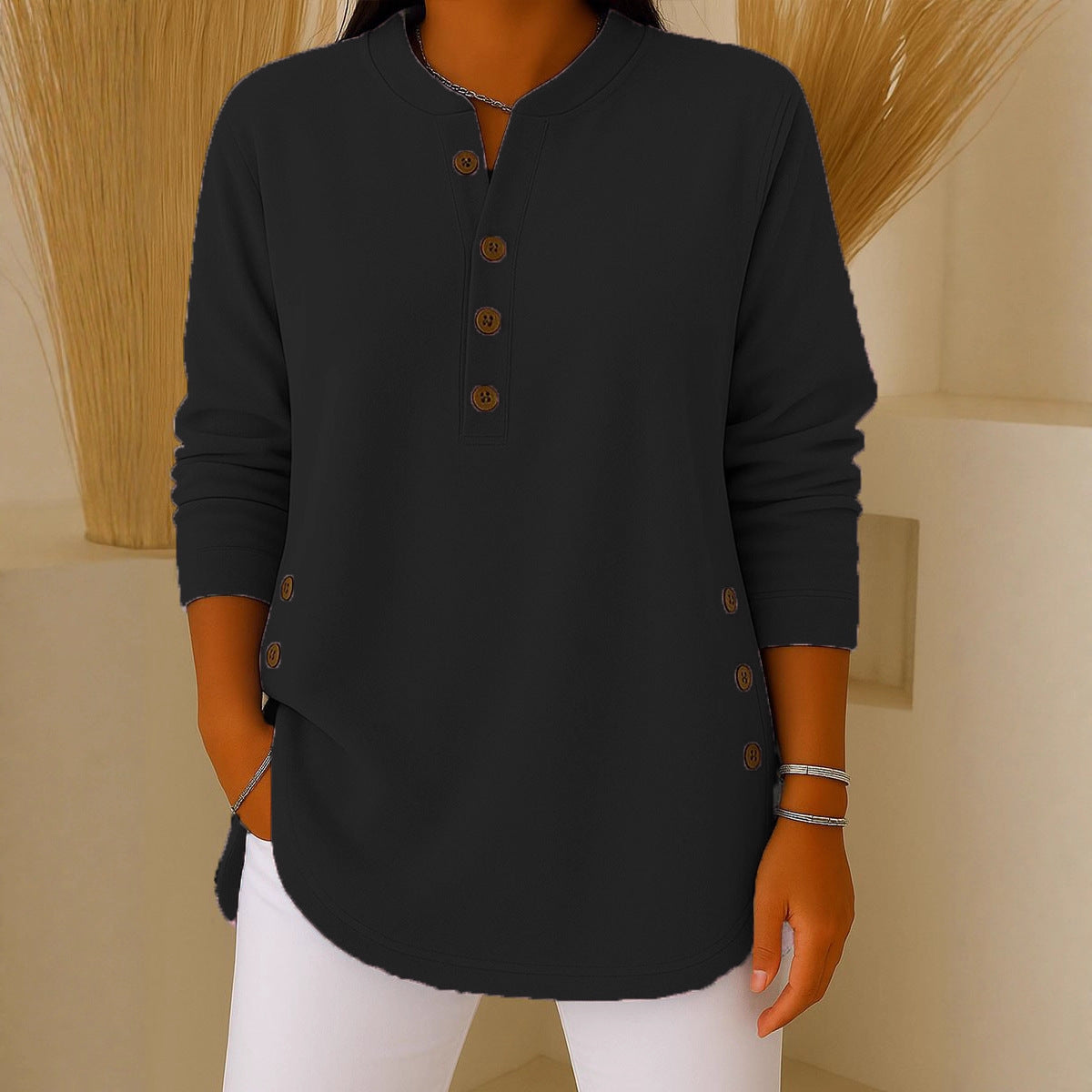 V-neck Button Solid Color Knitted Long Sleeve T-shirt
