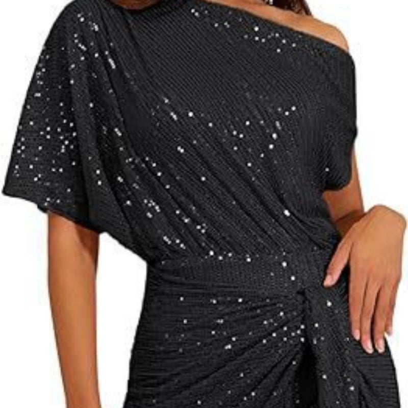 Women's Brimmed Shiny Party Dress One Shoulder Pleated