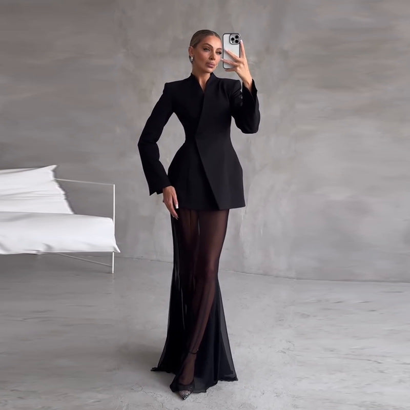 Cross-border Foreign Trade Design Sense Temperament Commute Pure Color Mesh Suit