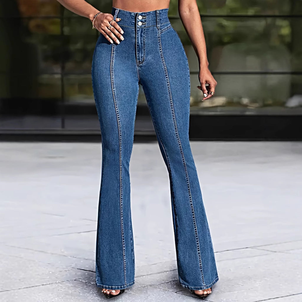 Front And Rear Stitching High Slimming Elastic Mid-waist Flared Jeans